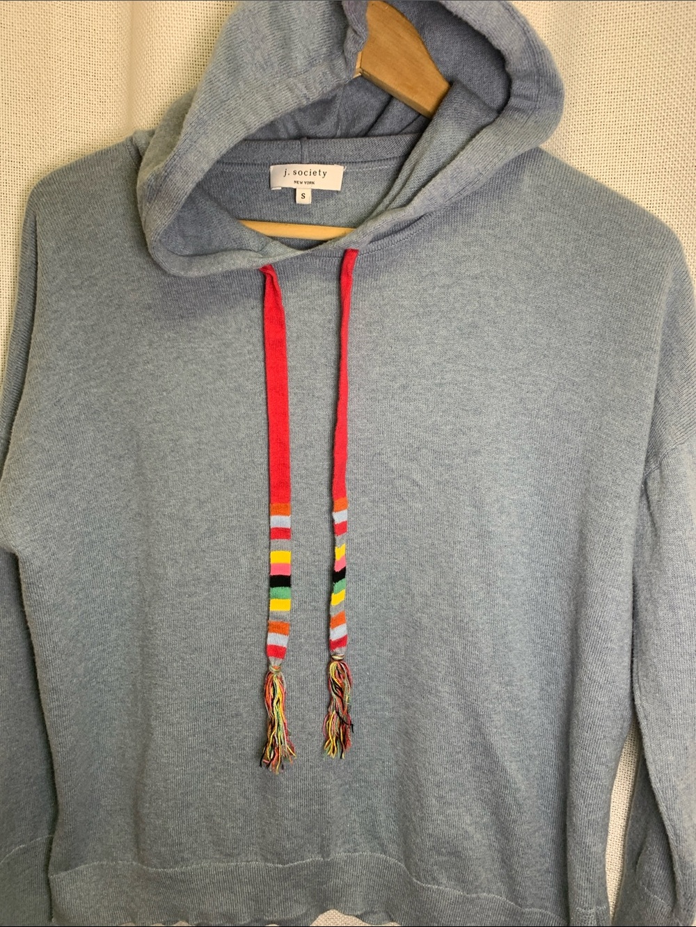 Society Women’s Light Blue Crewneck Hoodie with Red Multicolor Drawcords